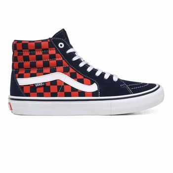 Vans Checkerboard Sk8-Hi Pro - Miesten Korkeavartiset tennarit - Laivastonsininen/Oranssi